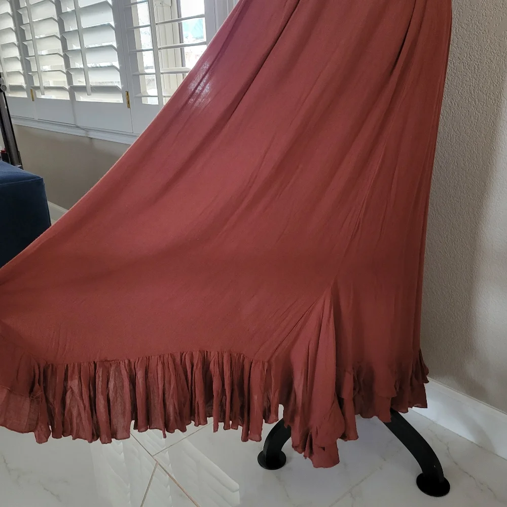 FP Free People One Adella Mocha Brown Maxi Slip Tiered Hem Dress L M - Picture 6 of 12